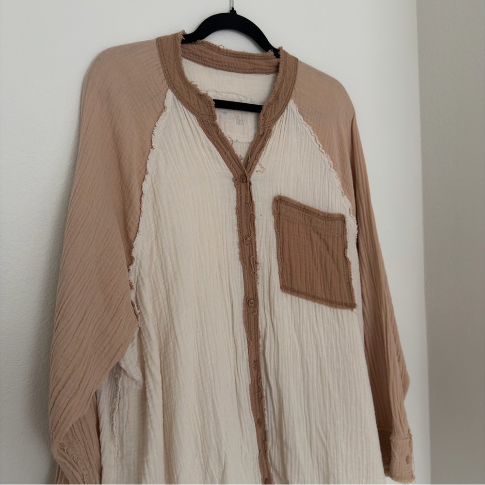 AERIE Gauze Coverup Shirt Long Sleeve Beige Tan Colorblock Size XL Women’s - Picture 4 of 8